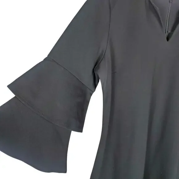J McLaughlin Letty Dress Sz M Black Tiered Bell Sleeve Bainbridge Cloth Stretch - Picture 4 of 14